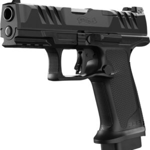 Black semi-automatic pistol on a white background