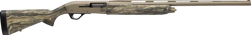 Side view of a camouflage-patterned shotgun.