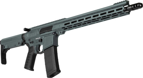 Modern rifle with tactical design and features.