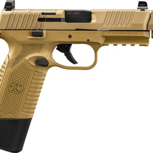 Tan handgun with textured grip and black details.