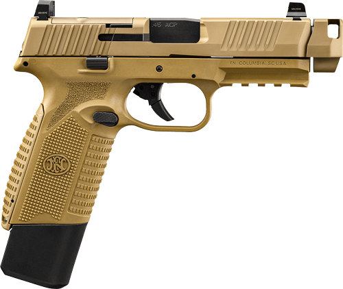 Tan handgun with textured grip and black details.