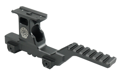 Black firearm riser mount with Picatinny rail.