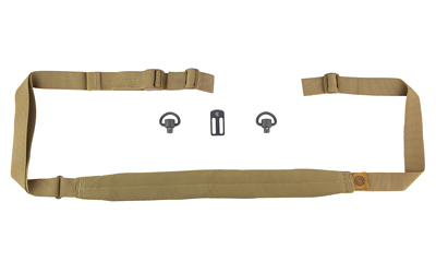 Tan adjustable strap with hardware attachments.