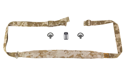 Desert camouflage tactical belt with attachment points.