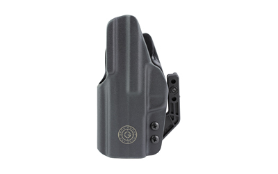 Black holster with adjustable mounting features.