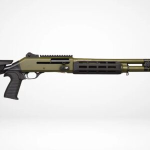 Olive green shotgun with tactical features.