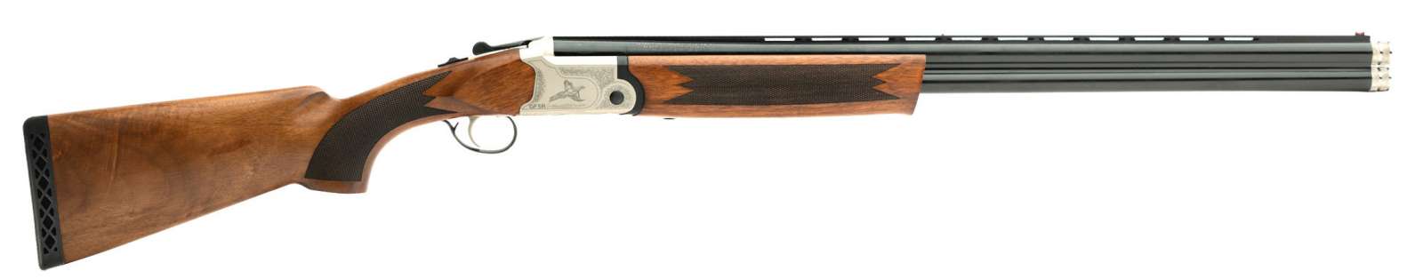 Side view of a double-barrel shotgun.