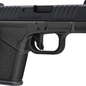 Black handgun with textured grip and slide.