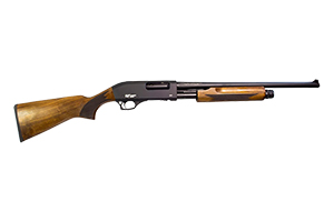 Side view of a shotgun with wooden stock.