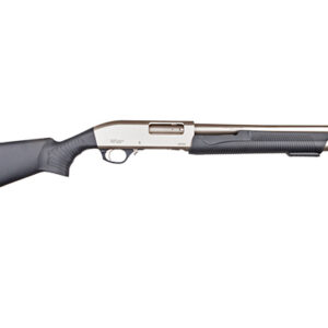 Silver shotgun with a black stock and grip.