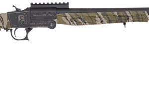Camouflaged rifle with a long barrel.