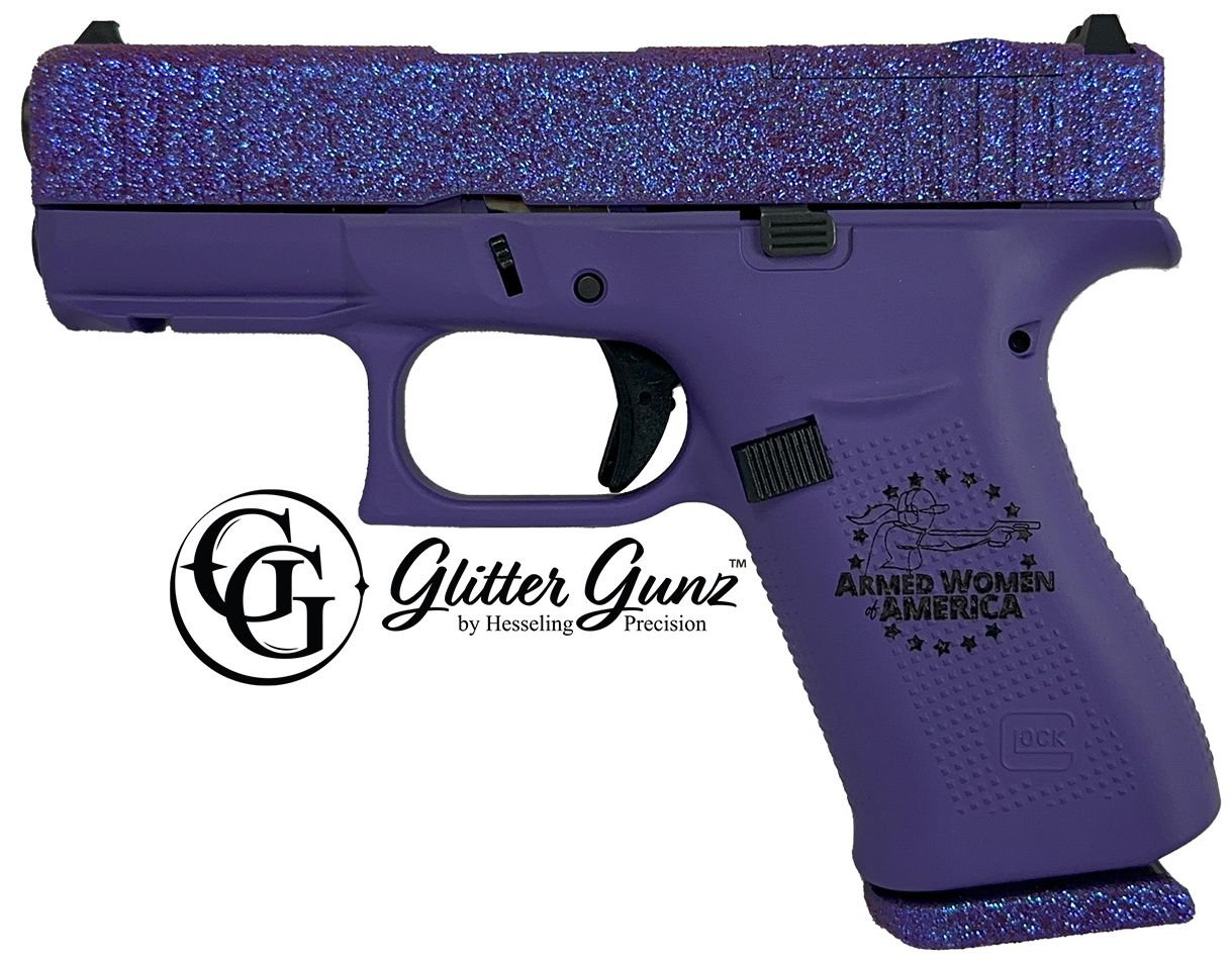 Purple handgun with glitter finish and logo.