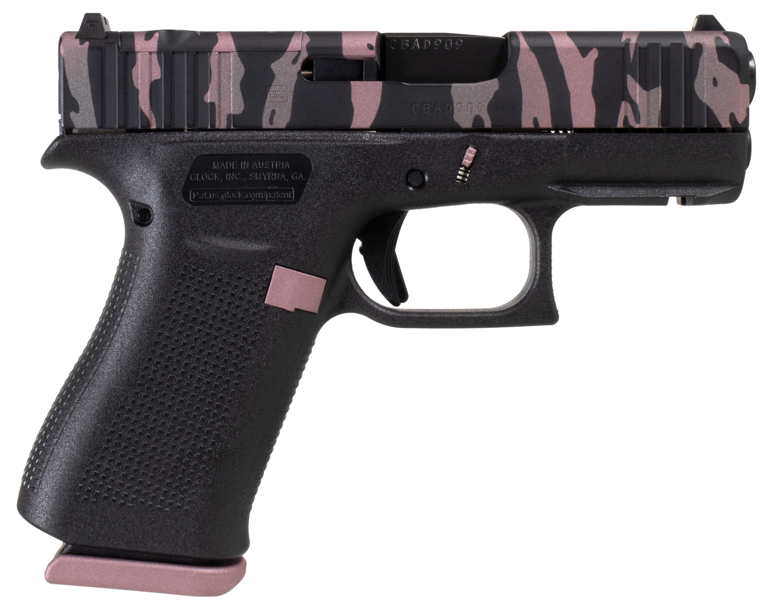 Stylish black and pink camo handgun.
