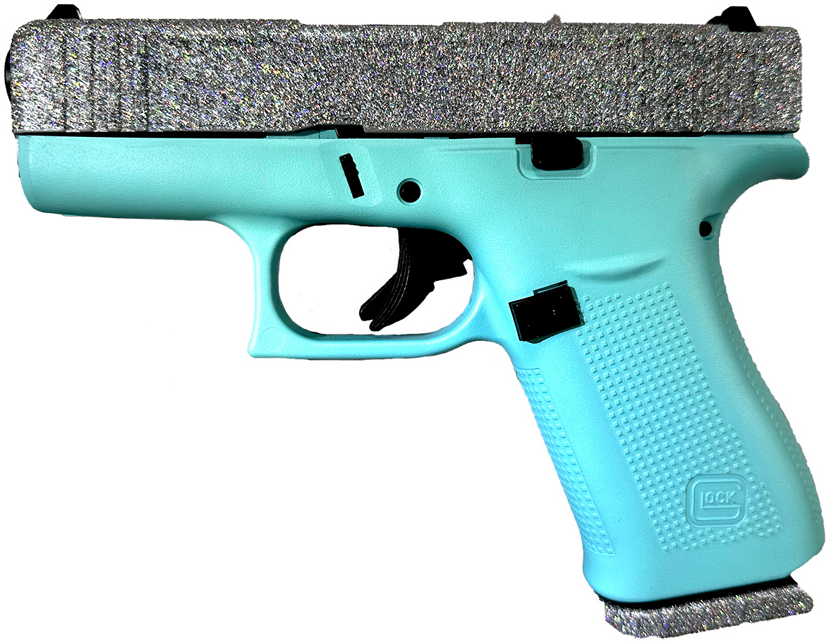 A turquoise handgun with a glittery slide.