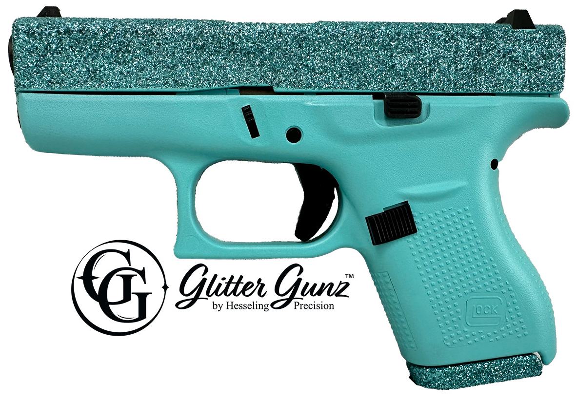 Turquoise glitter handgun with textured grip.