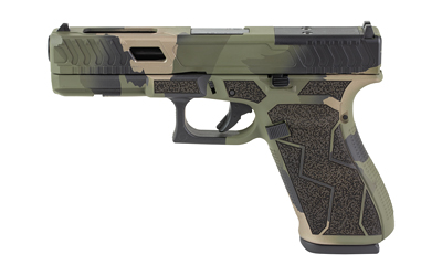Green and tan camouflage pistol on display.