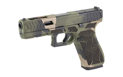 Green and brown camouflaged handgun on white background.