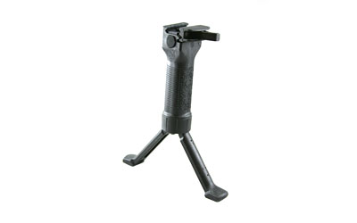 Adjustable black gun bipod for stability.