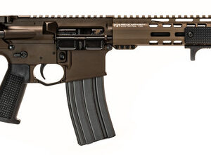 Brown tactical rifle on a white background.