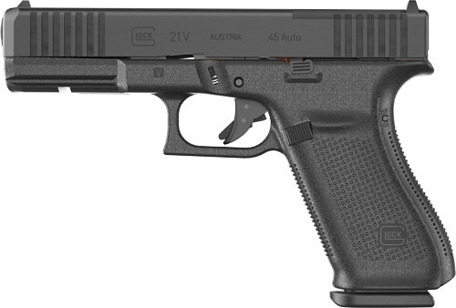 Black Glock 21 handgun with .45 Auto caliber.