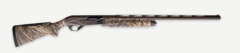 Side view of a camouflage shotgun
