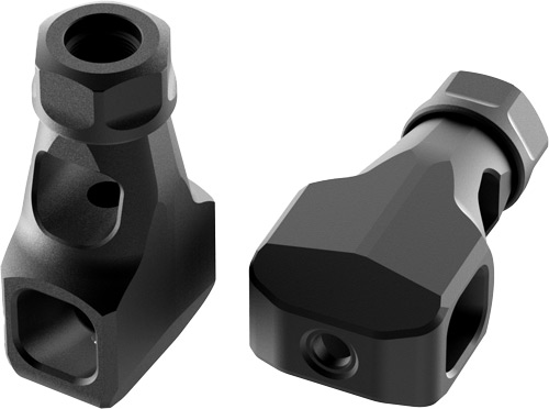 Two black metal fittings angled for connection.