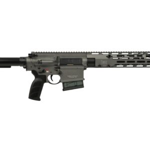 Gray tactical rifle with suppressor attachment