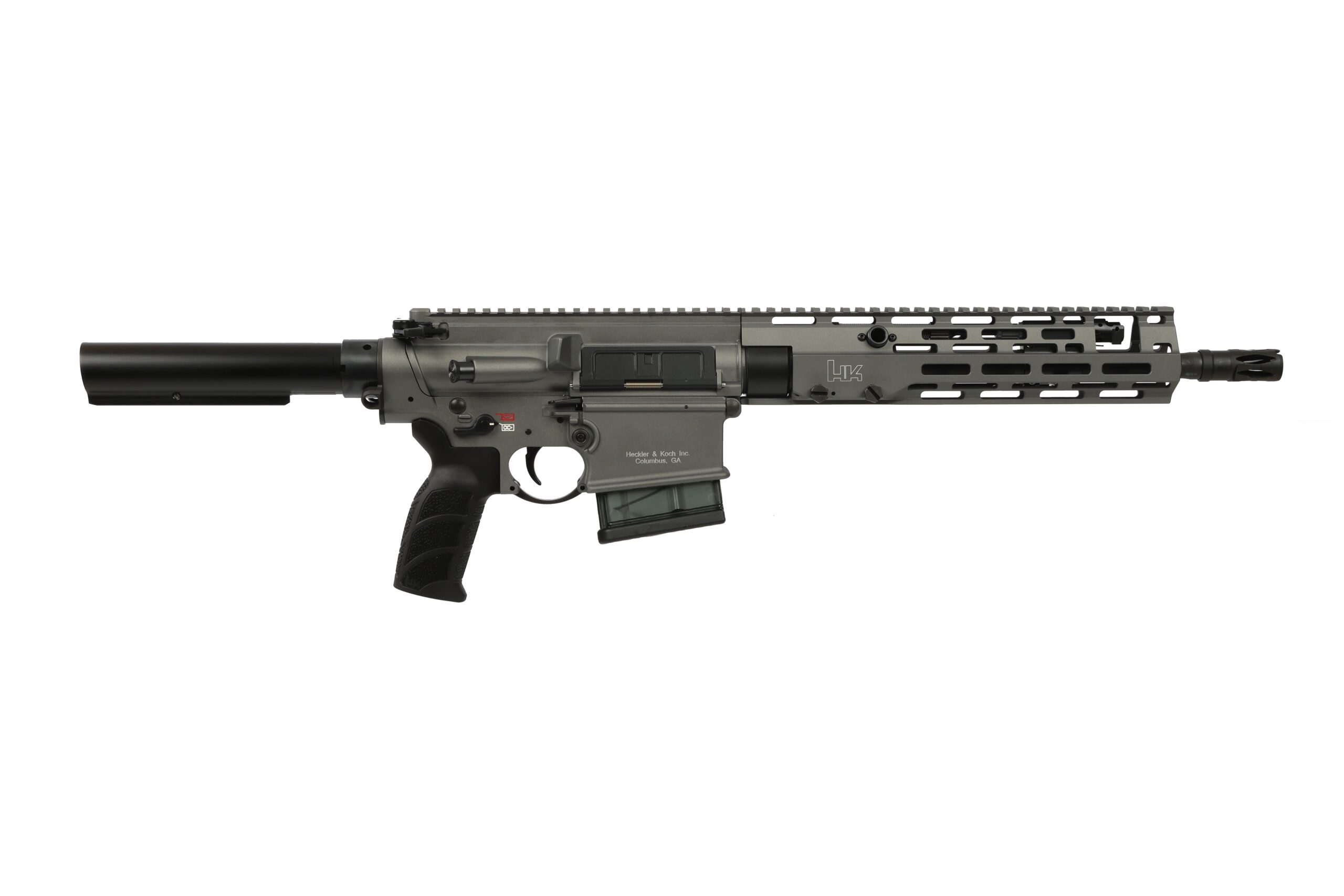 Gray tactical rifle with suppressor attachment