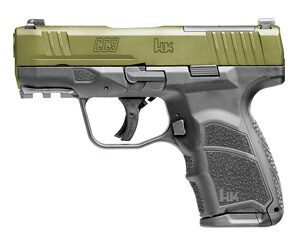 Compact handgun with green and gray design.