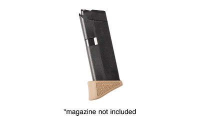 Black firearm magazine with tan base plate