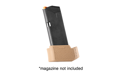 Black firearm magazine, base in tan color.