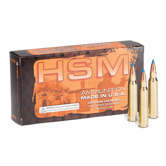 Box of HSM centerfire ammunition with cartridges.