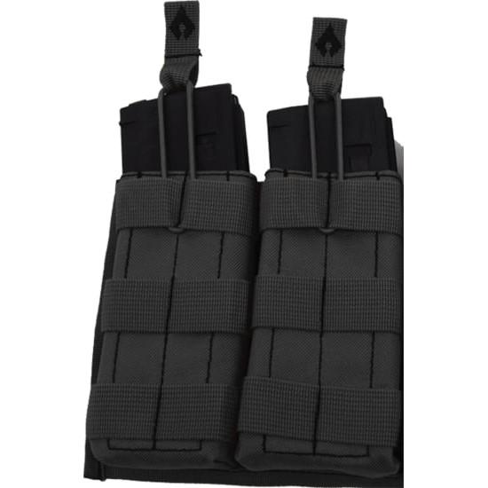 Black tactical magazine pouch with straps.