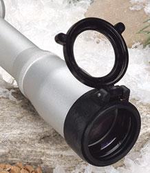 Close-up of a silver telescope lens