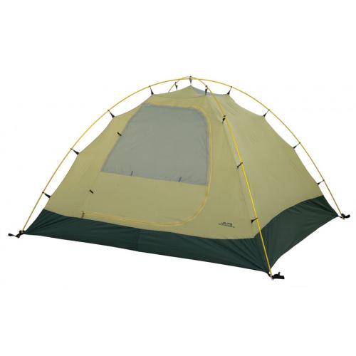 Green and yellow camping tent set up outdoors.