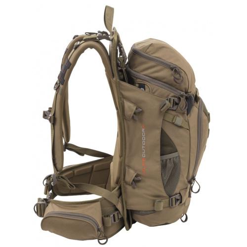 Side view of a tan outdoor backpack.