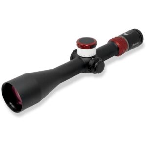 Black rifle scope with adjustable lenses and knobs.