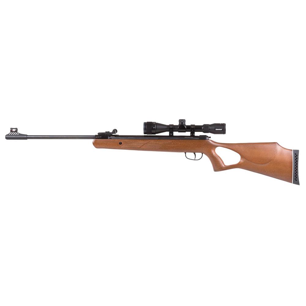 Side view of a hunting rifle with scope.