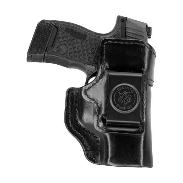 Black holster with a compact handgun inside.