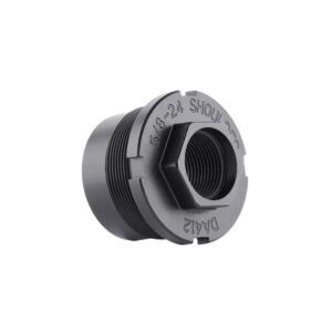 Black threaded connector with hexagonal shape.