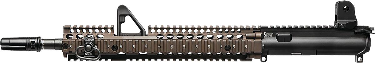 Detailed view of a tactical firearm upper assembly.