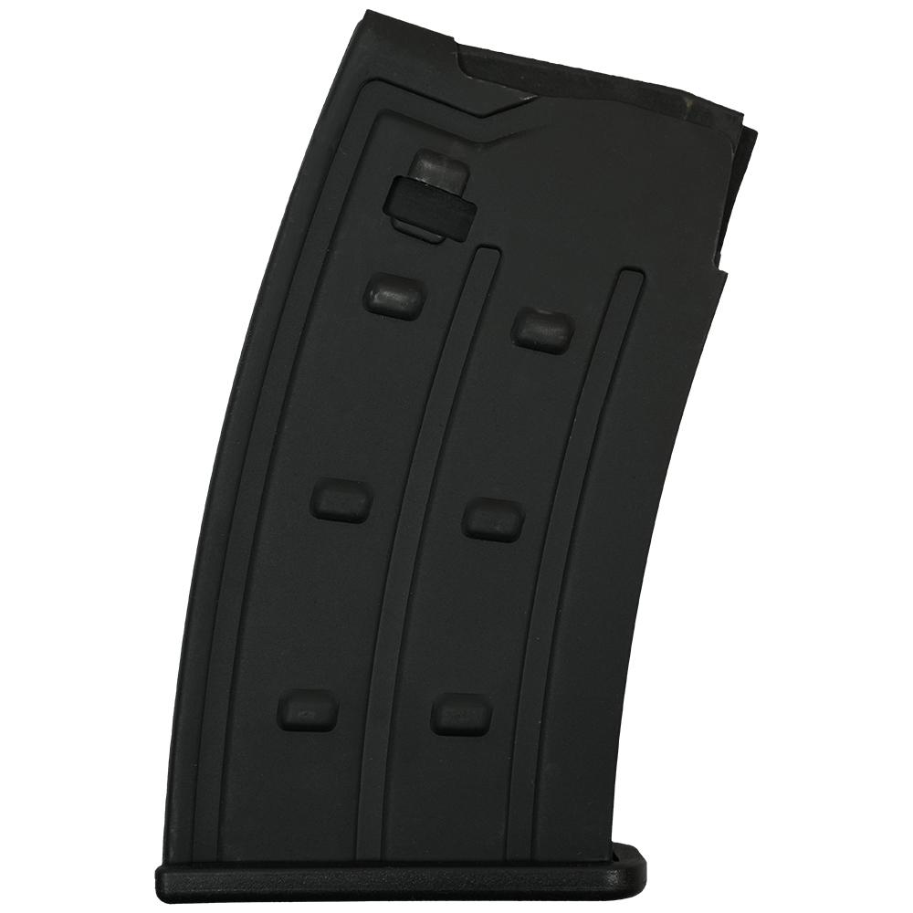 Black firearm magazine with raised buttons