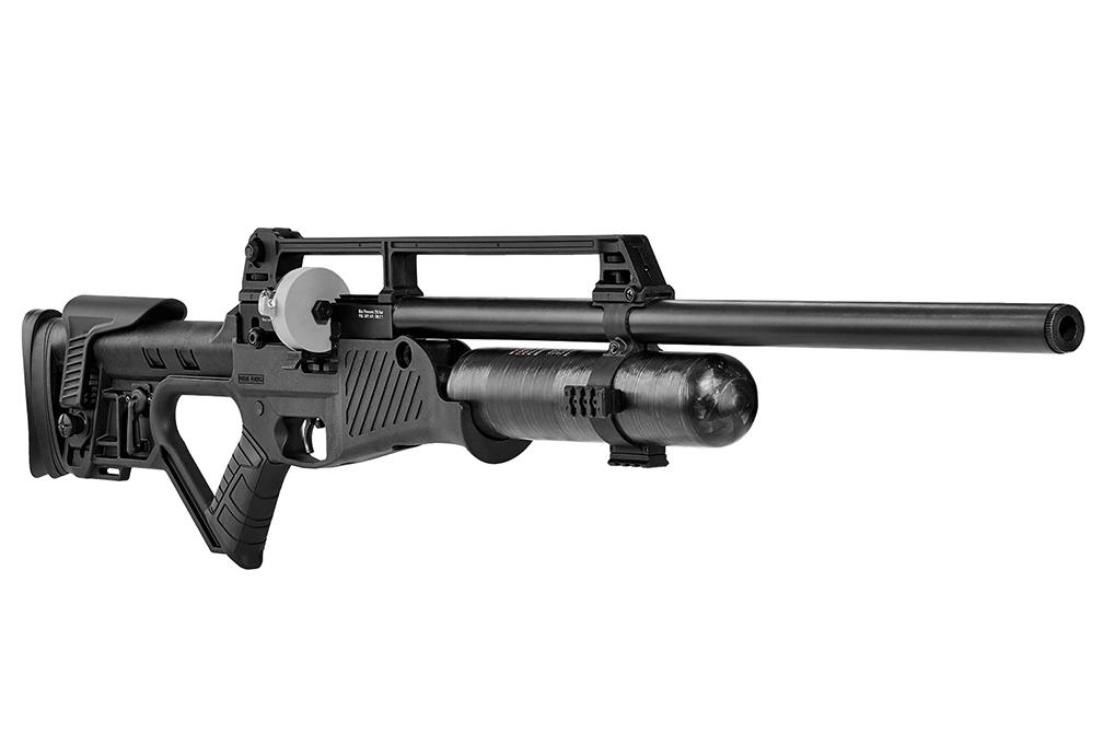Black sniper rifle with modern design features.