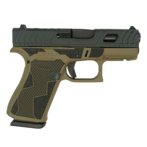 Semi-automatic handgun with a textured grip.