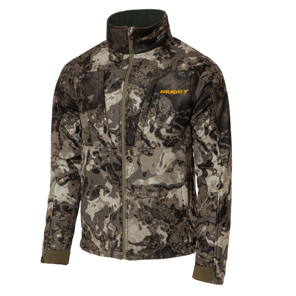 Camo jacket with front pockets and high collar.