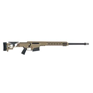 Modern sniper rifle with tan finish and adjustable stock
