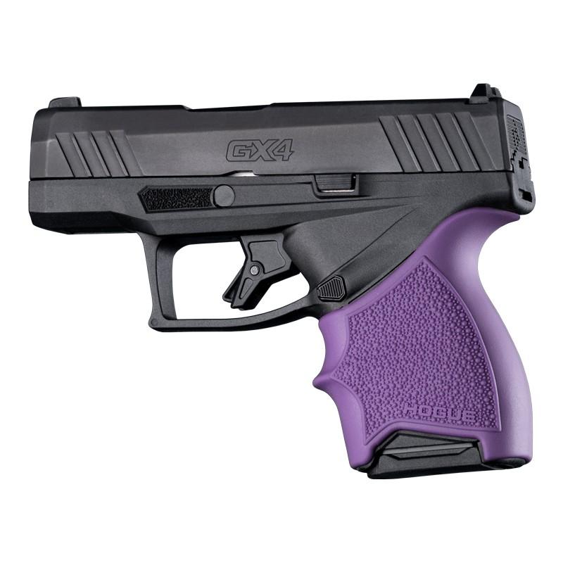 Black handgun with purple grip design.