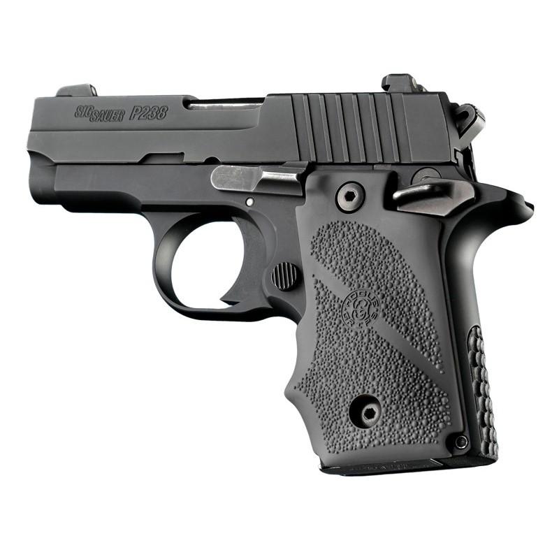 Black Sig Sauer P238 handgun on white background.