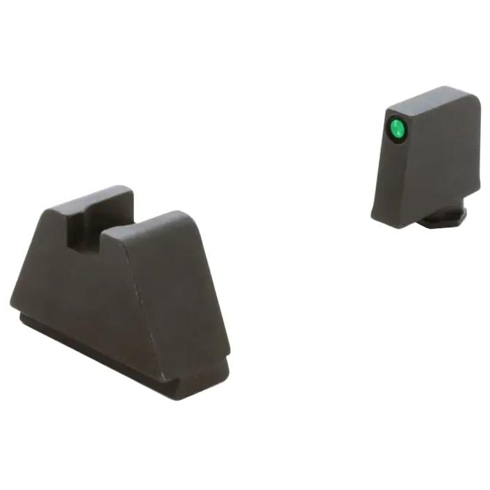 Black gun sights with green illumination dot.