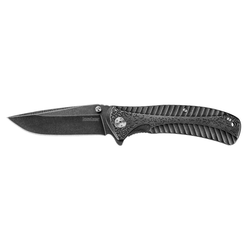 Black folding knife with textured handle.